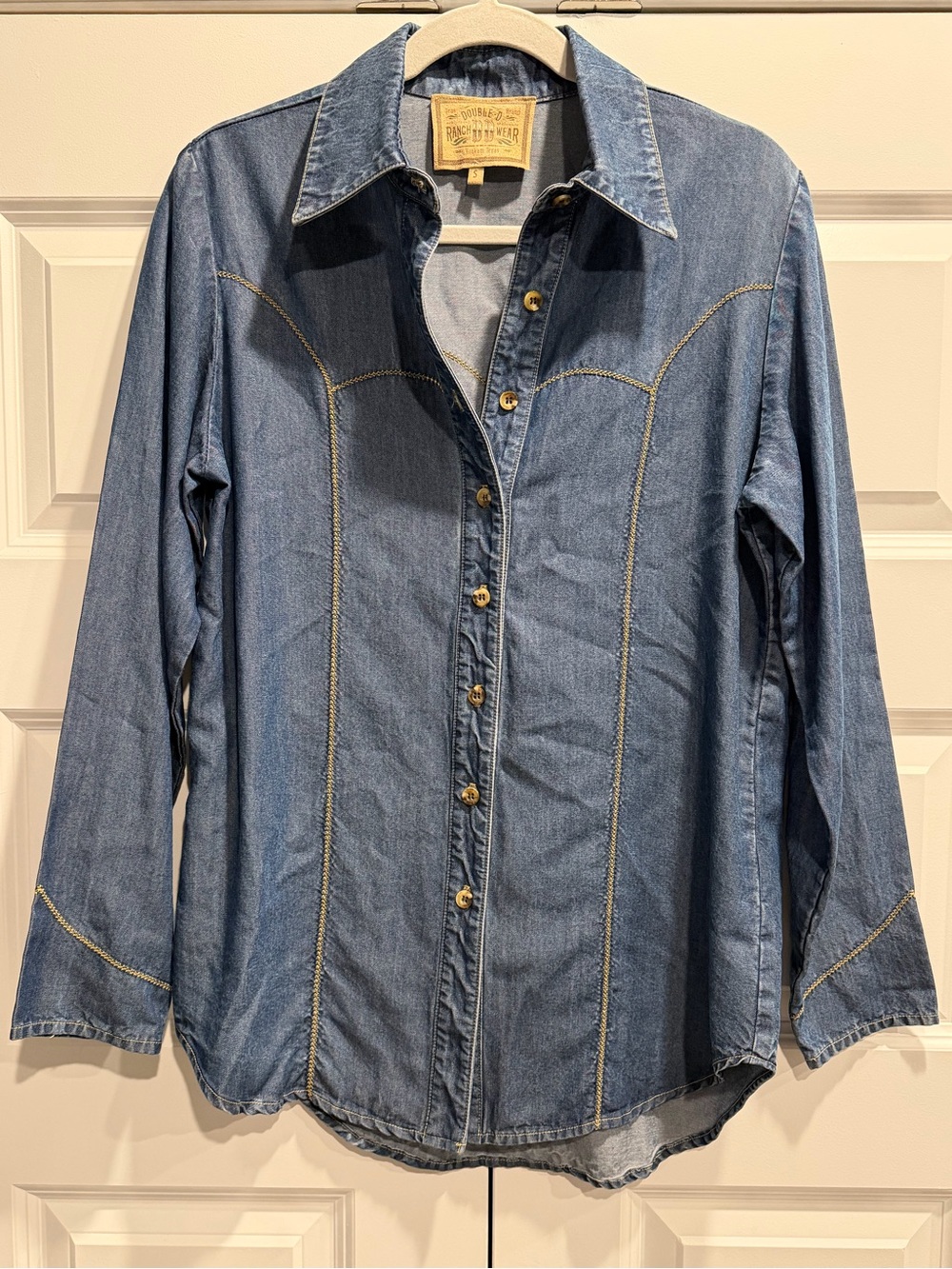 Double D Ranch Blue Denim Shirt Jacket with Gold Stitching